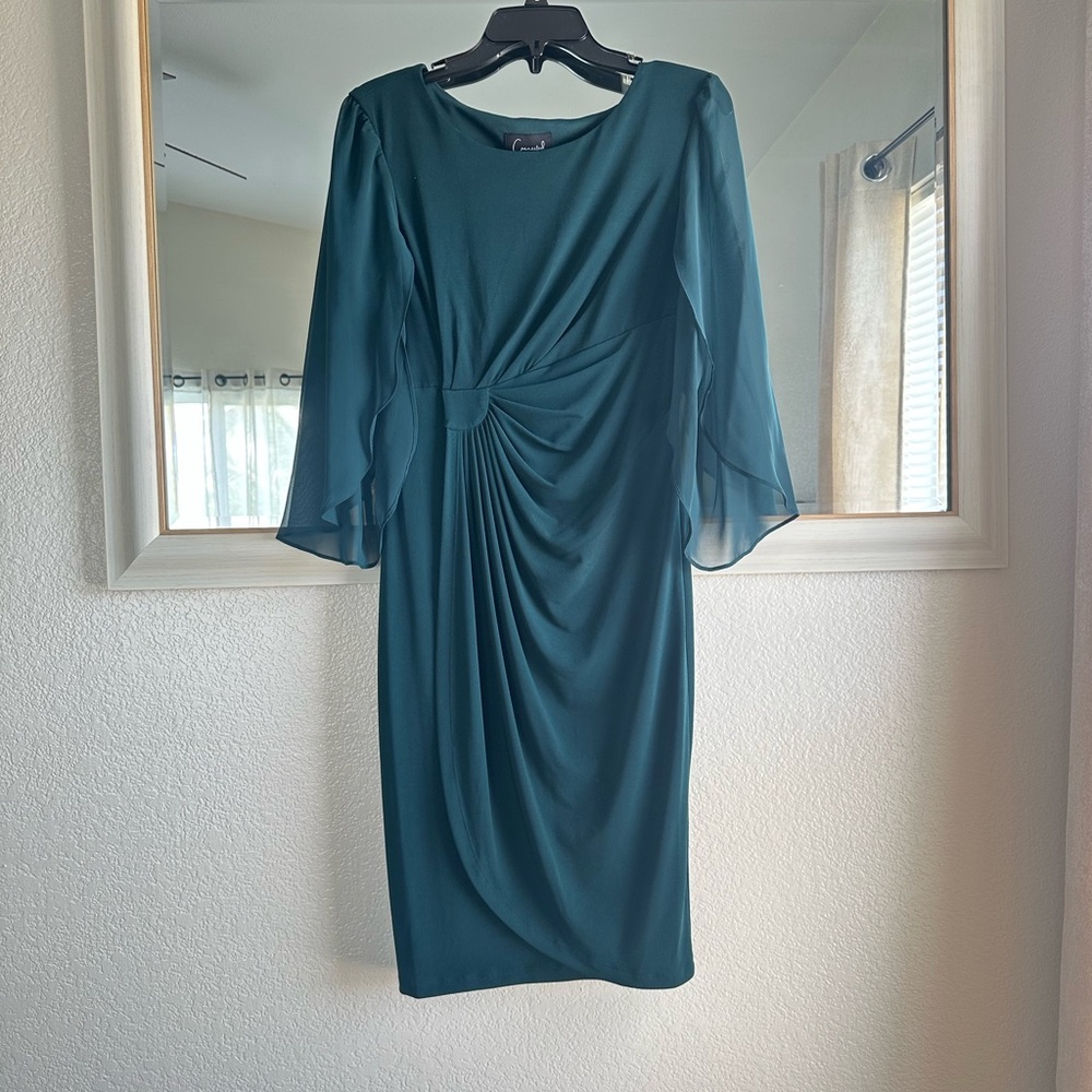 Connected Apparel Green Sheath Dress with Bishop Sleeves